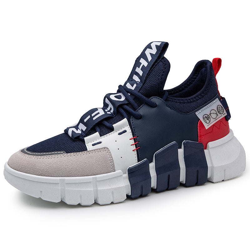 Navy casual sneaker with chunky tread sole, lace-up, and red leather-look accent.