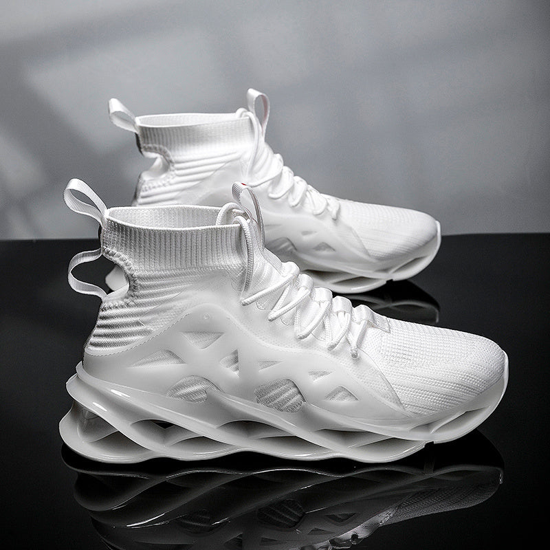 White running sneakers with knit-like upper and thick cushioned sole