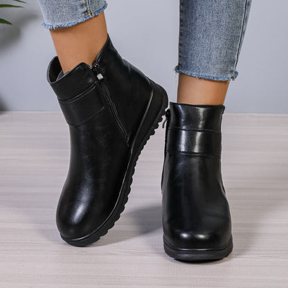 Women's Winter Fleece Ankle Boots | Non-Slip Side Zipper PU Shoes Winter Fleece Boots With Side Zipper Des | Ectron Online