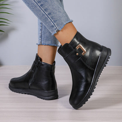 Women's Winter Fleece Ankle Boots | Non-Slip Side Zipper PU Shoes Winter Fleece Boots With Side Zipper Des | Ectron Online
