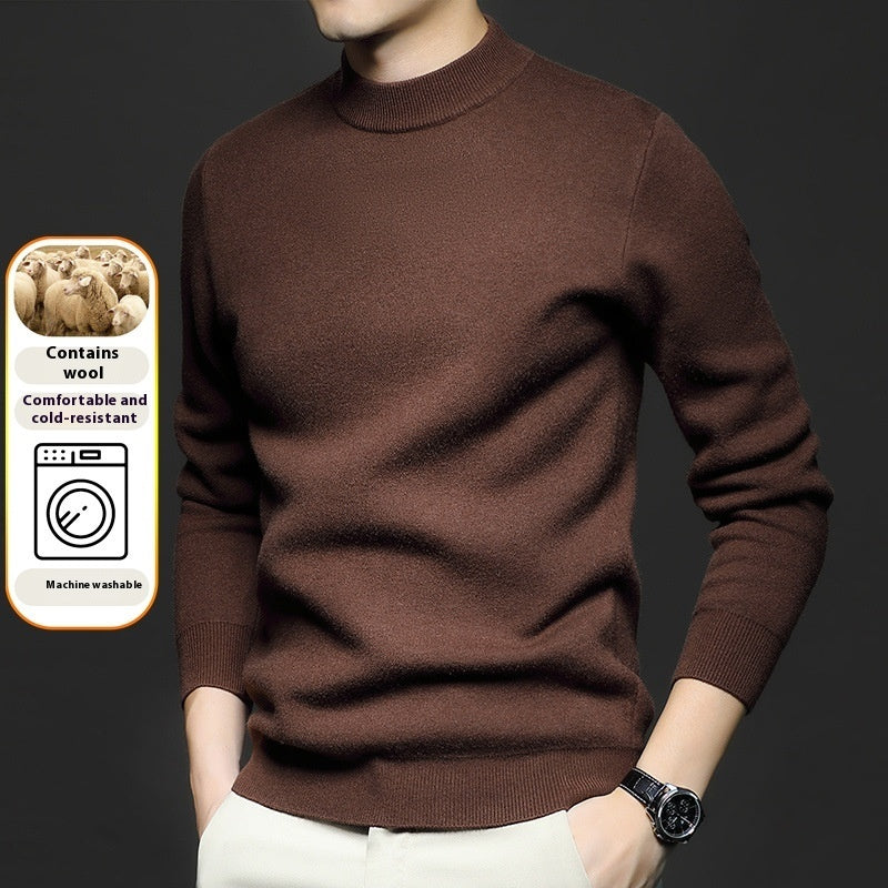 Men's worsted knit sweater, crew neck, long sleeves, dark brown