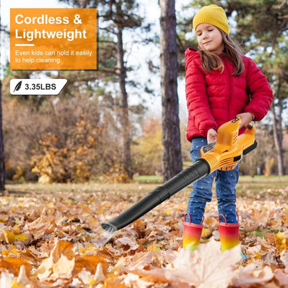 Cordless handheld leaf blower with orange body and black tube, held by person