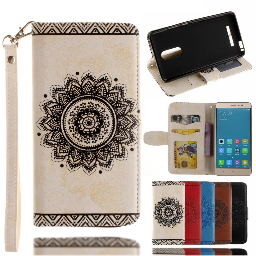 Phone case with wrist strap, cream with black mandala print, folio wallet cover