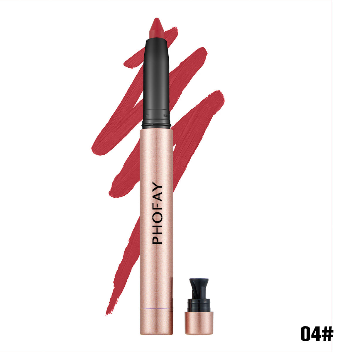 Matte lip liner pen in rose-gold body with deep rose-red swatch and black cap