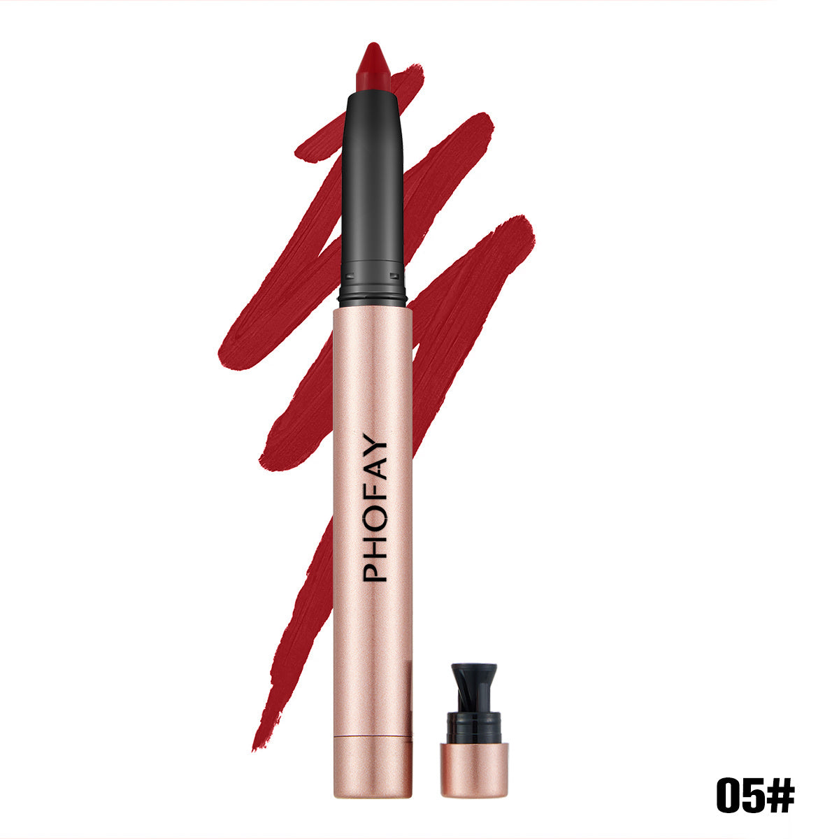Matte lip liner pen in rose-gold body with bold red swatch and black cap