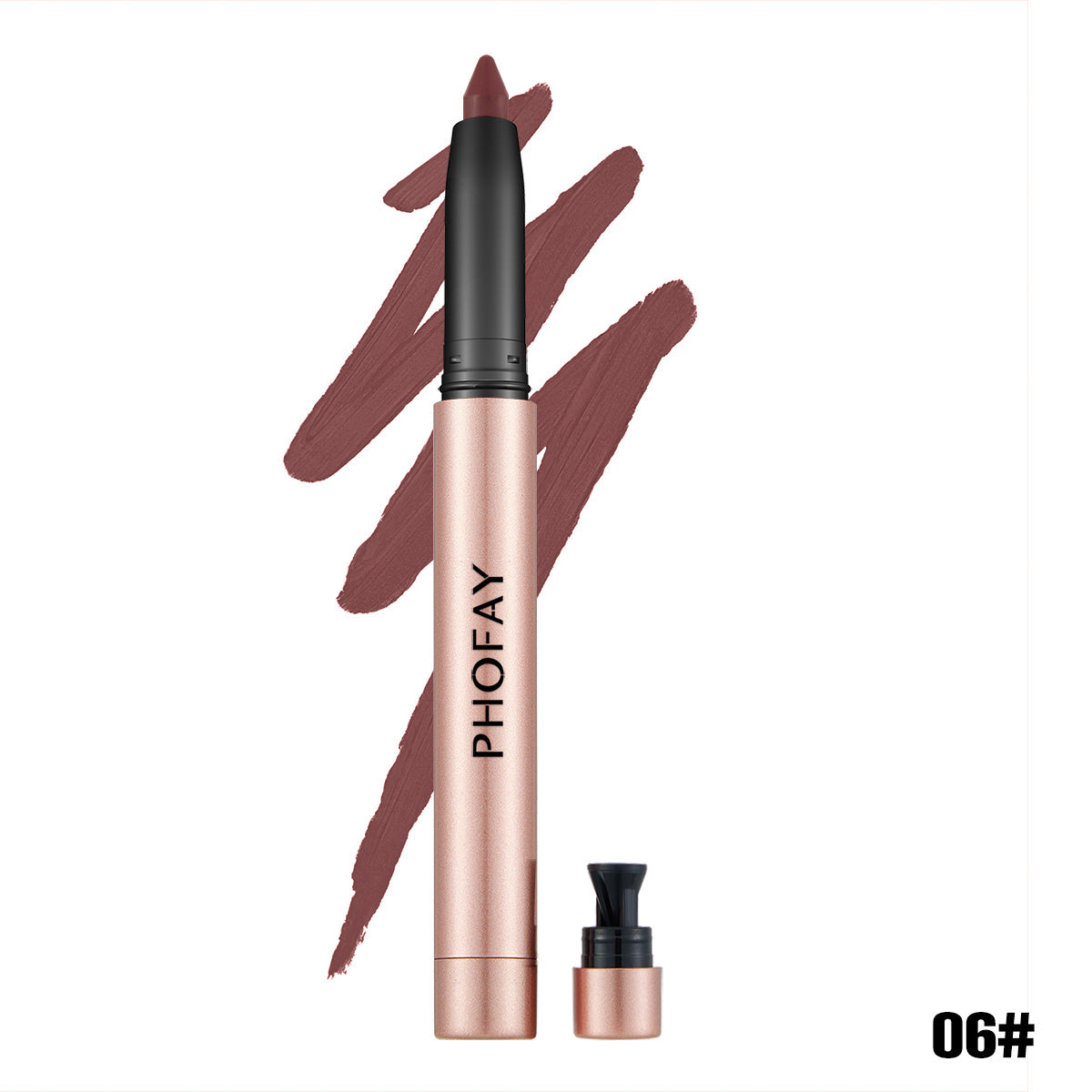 Matte lip liner pen in rose-gold body with mauve-brown swatch and black cap