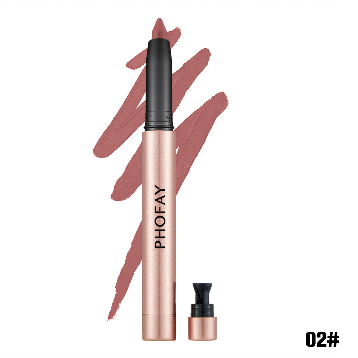 Matte lip liner pen in rose-gold body with muted rose swatch and black cap