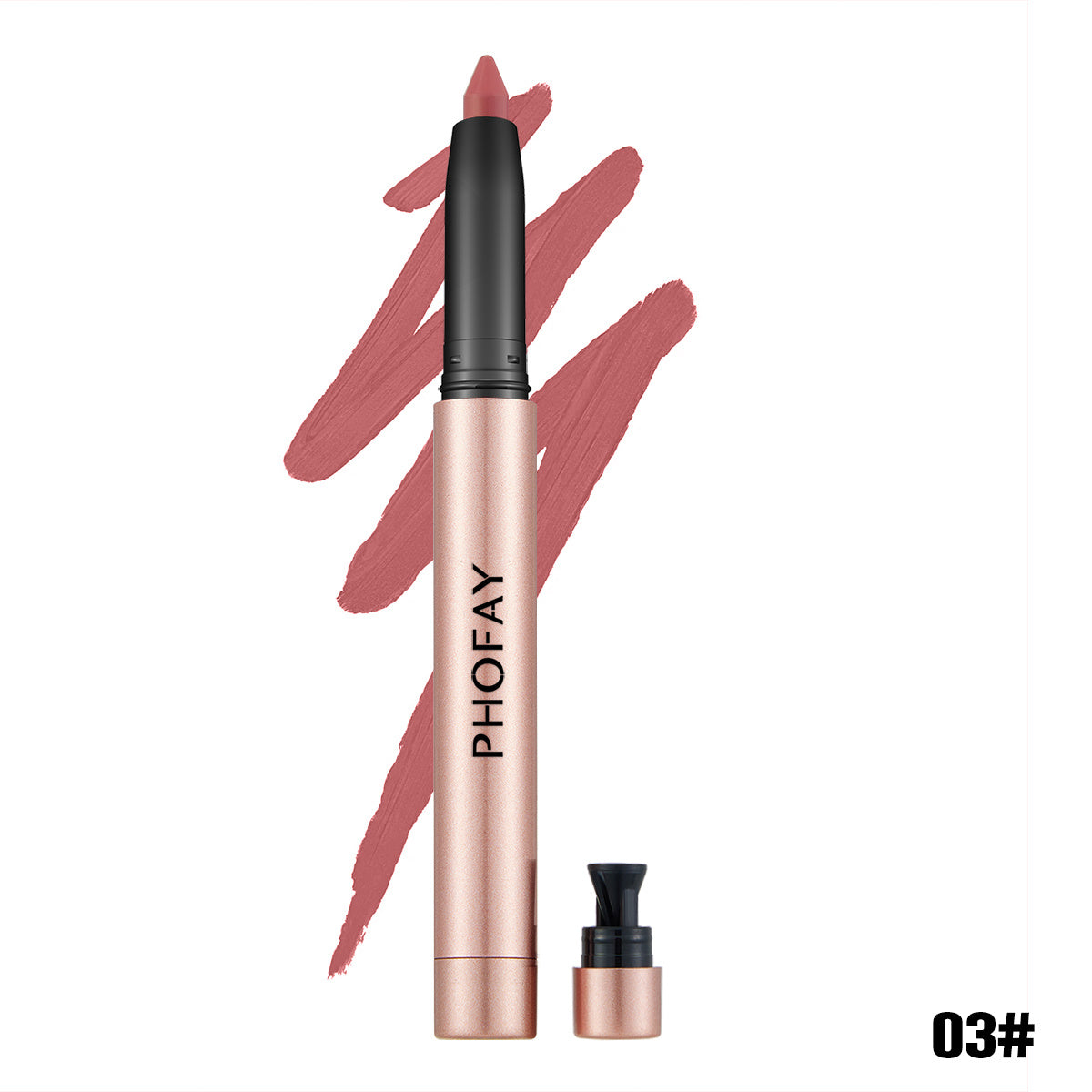 Matte lip liner pen in rose-gold body with dusty rose swatch and black cap