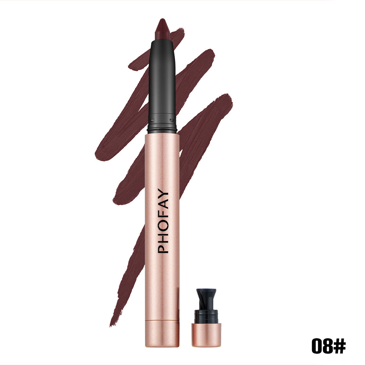 Matte lip liner pen in rose-gold body with dark plum-brown swatch and black cap