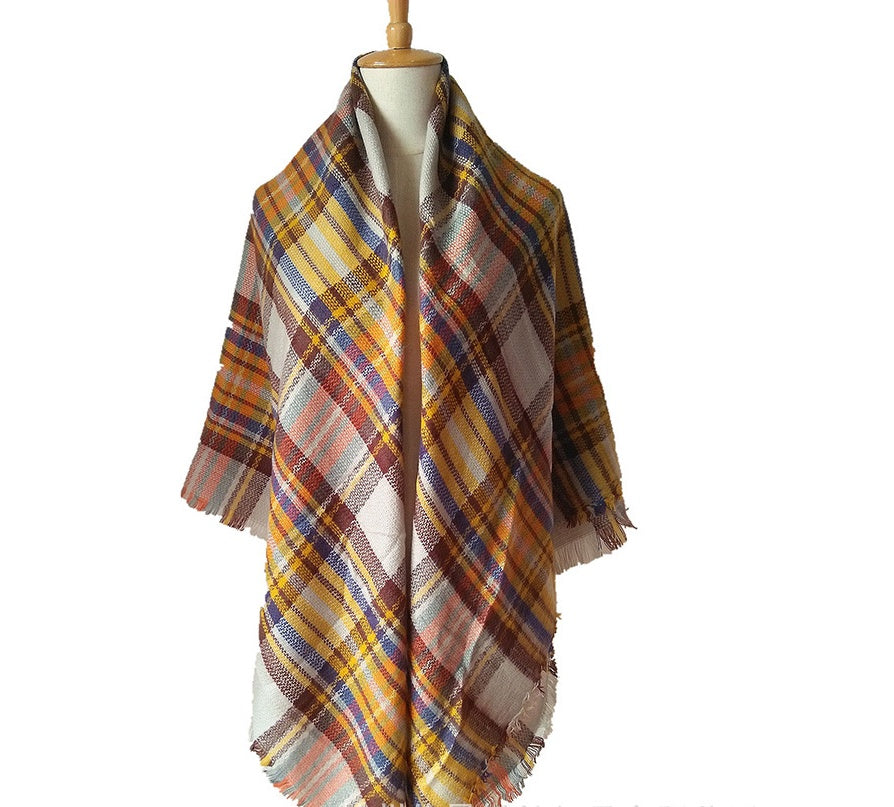 Plaid blanket scarf with fringe ends, yellow, blue, brown, and white