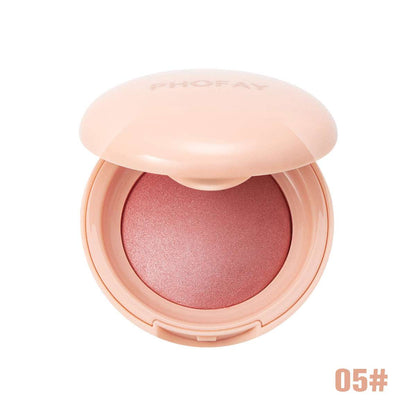 Powder blush compact with pink shimmer powder, lid open, shade 05.