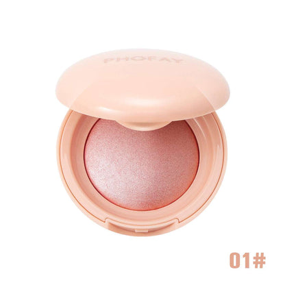 Powder blush compact with pink shimmer powder, lid open, shade 01.