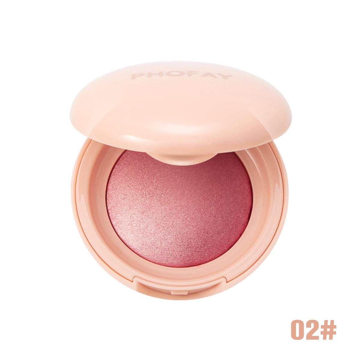 Powder blush compact with rosy pink shimmer powder, lid open, shade 02.
