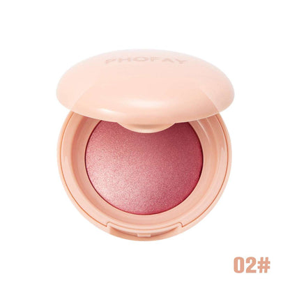 Powder blush compact with rosy pink shimmer powder, lid open, shade 02.