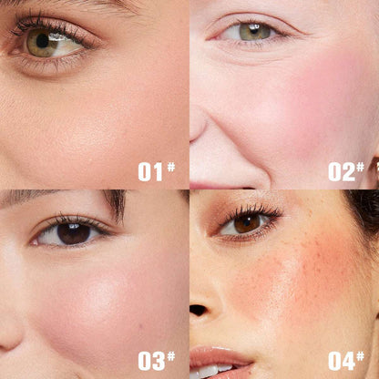 Powder blush shades 01#, 02#, 03#, 04# shown on cheeks, face close-ups.