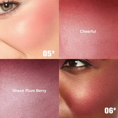 Powder blush on cheek with plum berry shimmer, model close-up, shade 05.