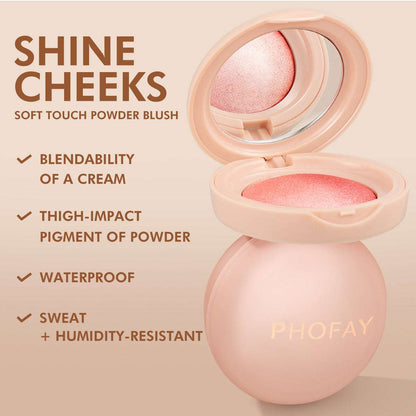 Powder blush compact with pink powder, open case showing shimmer shade.