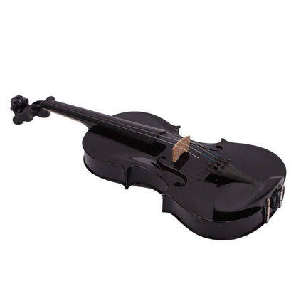 Black acoustic violin in side view with glossy body and tailpiece; strings visible