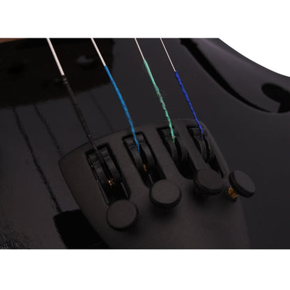 Close-up of black violin strings and bridge with fine tuners; glossy soundboard