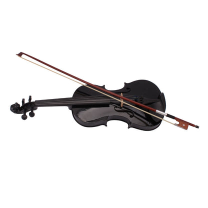 Black acoustic violin lying on its side with bow; glossy body and bridge visible