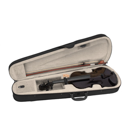 Open hard case holding a black acoustic violin and accessories; beige lining visible