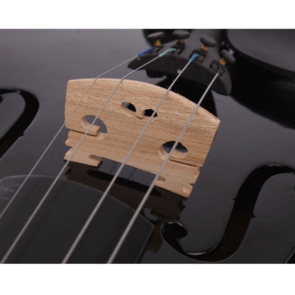 Close-up of wooden bridge and strings on black violin soundboard; bridge hardware visible