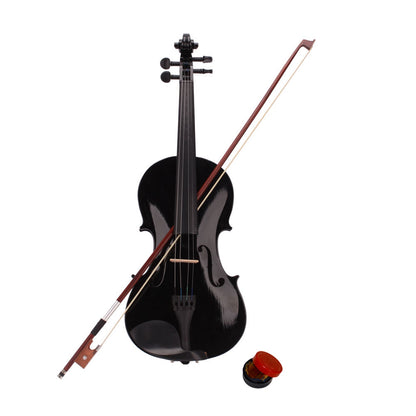 Black acoustic violin with bow and rosin; full-size body and chinrest visible