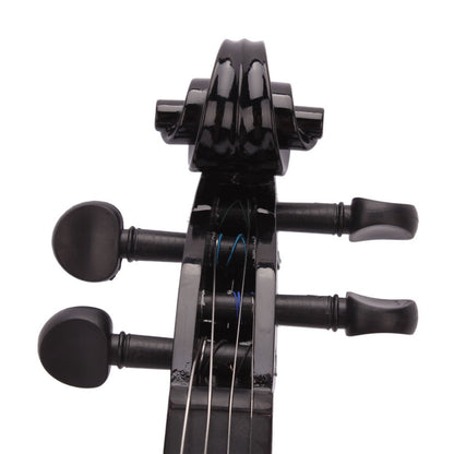 Black acoustic violin neck and scroll with tuning pegs and double chinrest; head detail