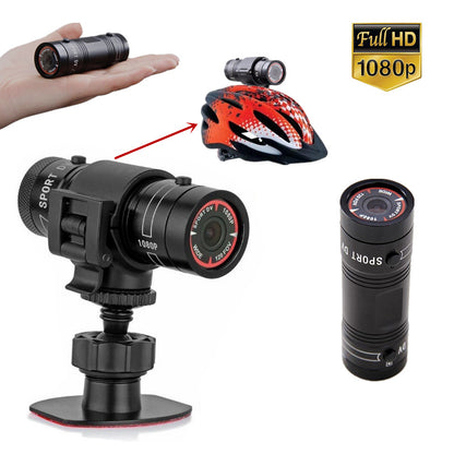 Action camera with helmet mount and full HD 1080p label on a white background