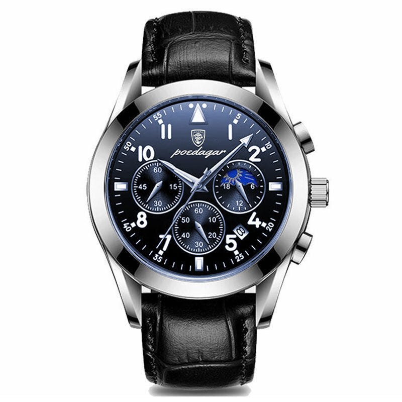 Men's wrist watch with cool blue accent dial details, black face, and black leather strap