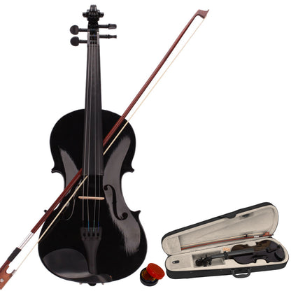Black acoustic violin with bow, rosin, and hard case; tuning pegs and full body visible