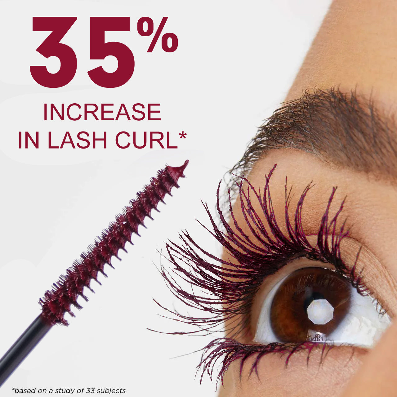 Mascara wand with an eye showing increased lash curl, text indicating 35% increase based on a study.