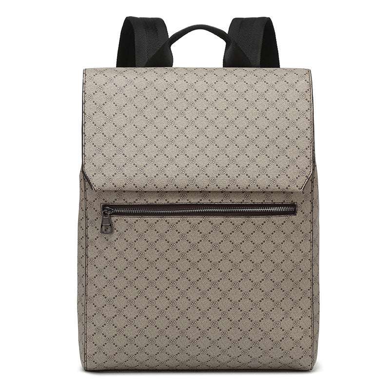 Beige textured backpack with top flap, front zipper pocket, and black carry straps