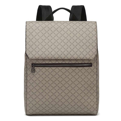 Beige textured backpack with top flap, front zipper pocket, and black carry straps