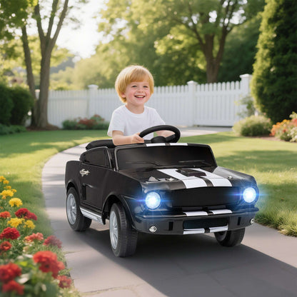 Licensed Ford Shelby GT 350 kids ride-on car, black with white stripes and LED headlights