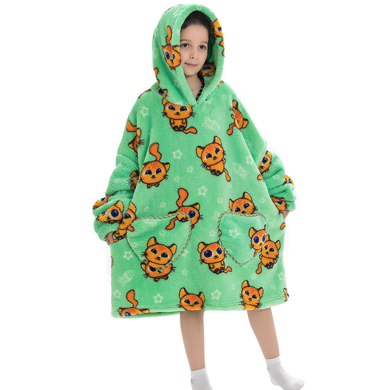 Kids' oversized thermal sweatshirt, green with orange fox print, hooded