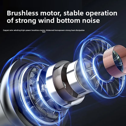 Metallic handheld fan head with spiral blades and front grille