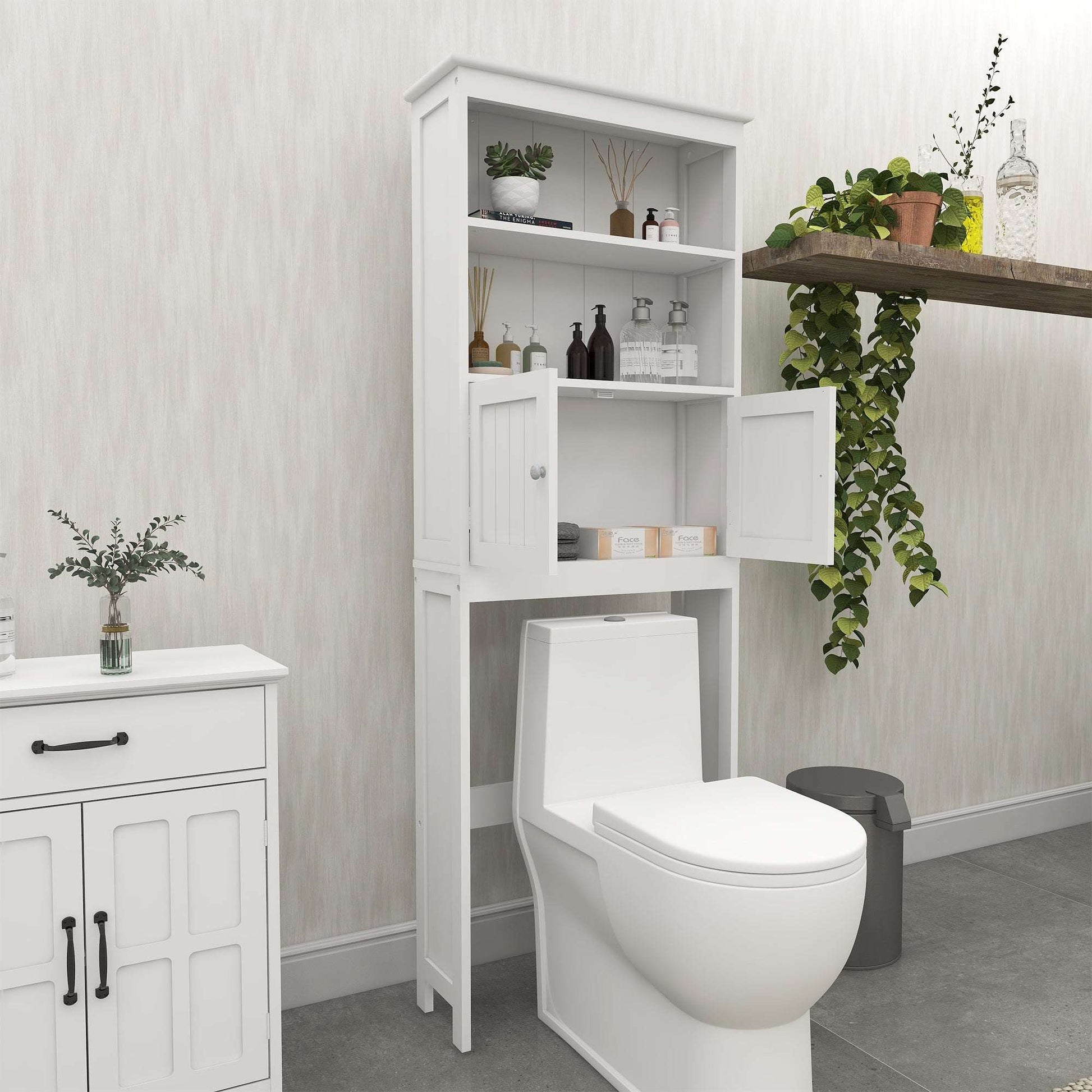 White over-the-toilet storage rack with open top shelf and cabinet doors