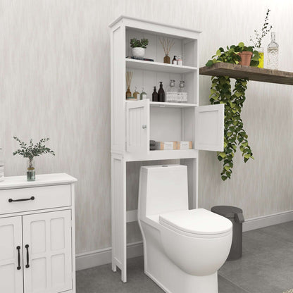 White over-the-toilet storage rack with open top shelf and cabinet doors