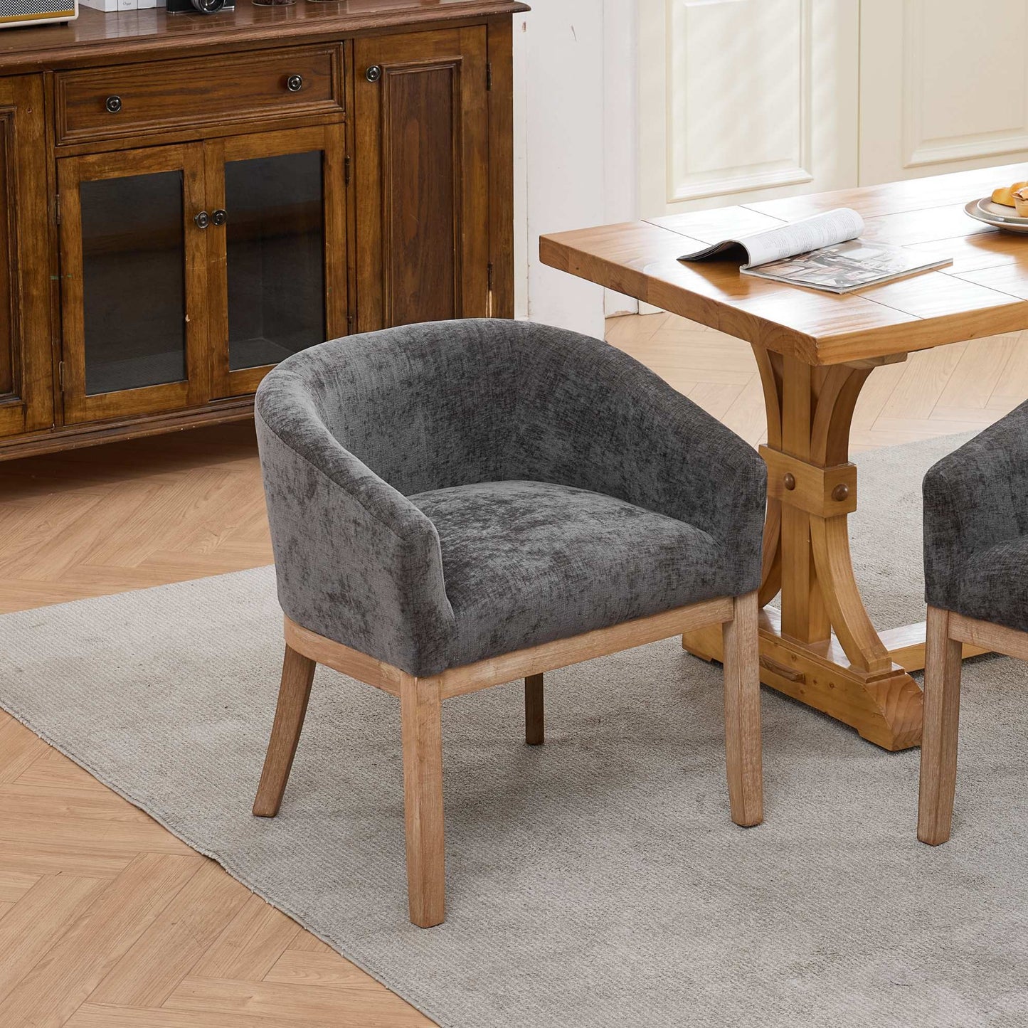 Mid-Century Modern Gray Chenille Dining Chair with Hardwood Frame