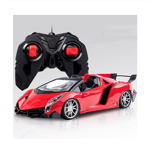 RC racing car model in red with remote controller, front-left three-quarter view