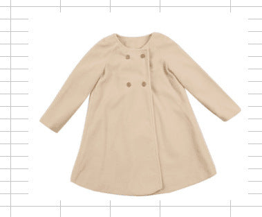 Kids trench coat in light tan with double-breasted button front and long sleeves