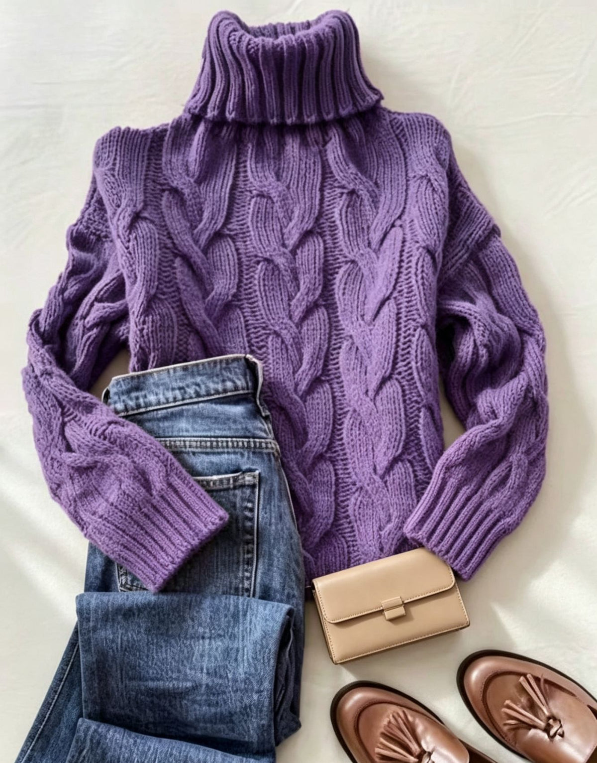 Purple cable-knit turtleneck sweater with long sleeves and ribbed cuffs