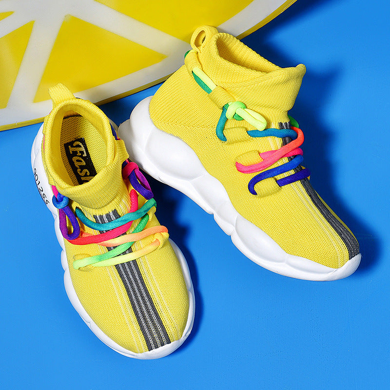Kids knitted high-top sports shoe, yellow knit upper with gray stripe and multicolor lace ties