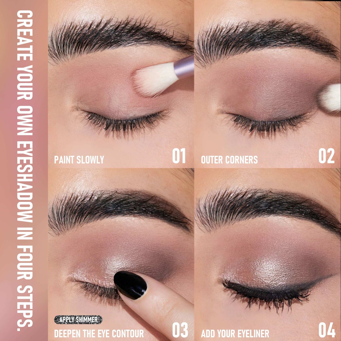 Step-by-step guide to creating an eyeshadow look with makeup tools and eye makeup.