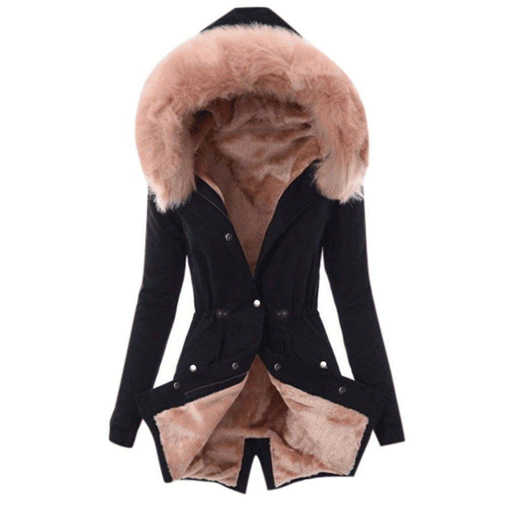 Fur collar drawstring solid color warm cotton coat