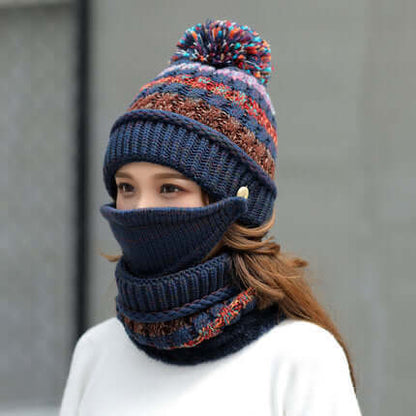 Korean winter knitted hat in dark blue knit with pom-pom and matching ribbed neck gaiter