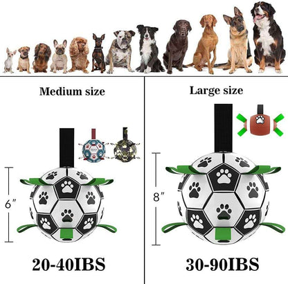 Medium and large inflatable dog soccer ball toys with paw prints and green tabs