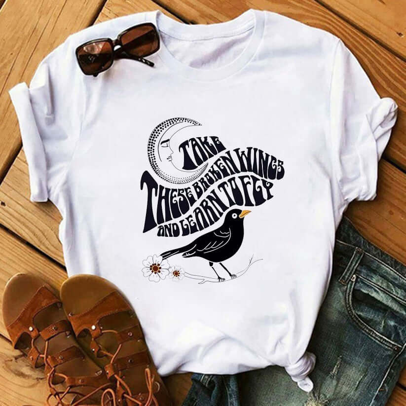 90's Funny Mushroom Print T-shirt Casual Round Neck Short Sleeves Printed Pullover Women T-shirt on a stylish background.