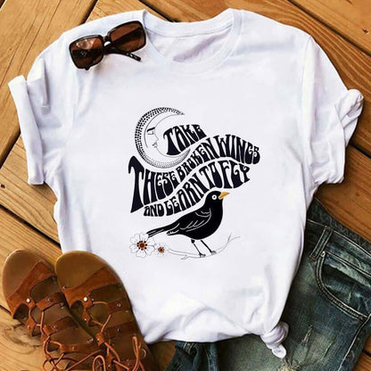 90's Funny Mushroom Print T-shirt Casual Round Neck Short Sleeves Printed Pullover Women T-shirt on a stylish background.